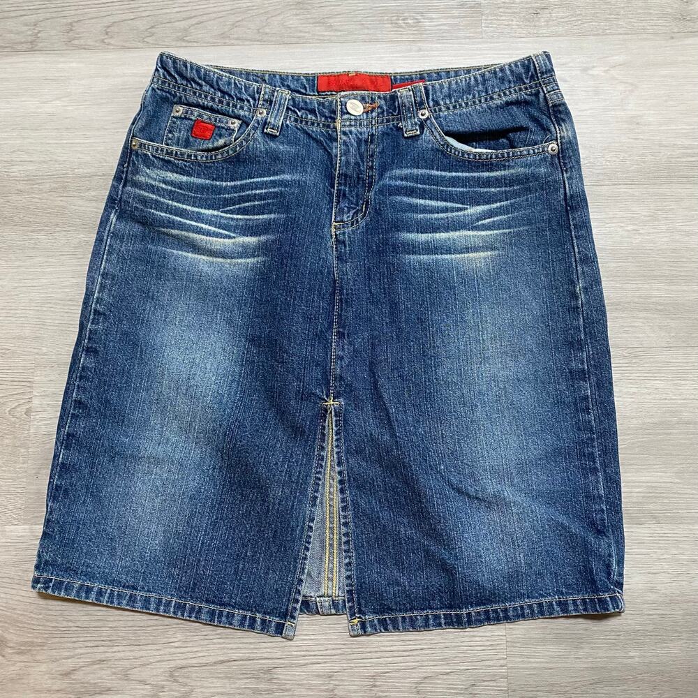 Vintage Y2K Let me be Blue Jean Denim Mini Skirt Size 3 Front Slit